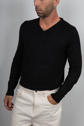 Maglione viscosa scollo a V LANDEK - NERO L-357